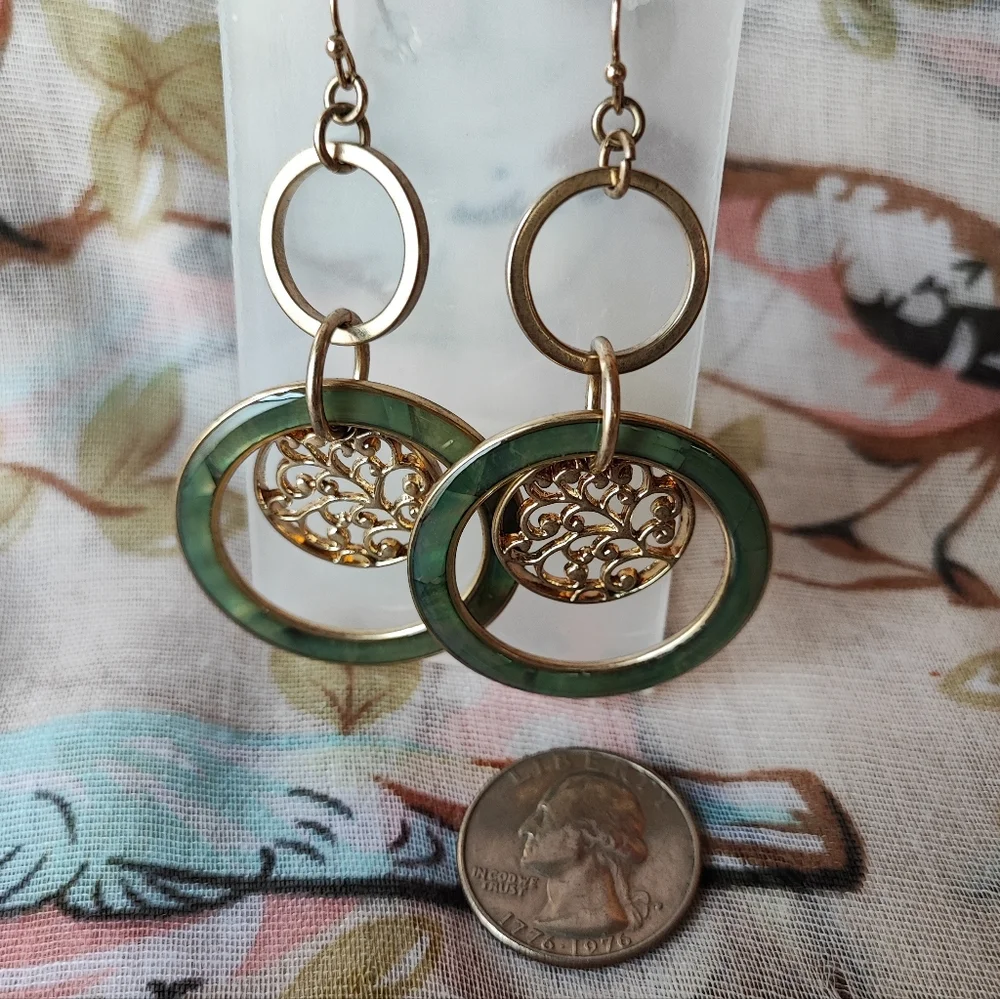 Lia Sophia Green Faux Abalone Brass Tone Pierced Earrings NOC LS Tree of Life